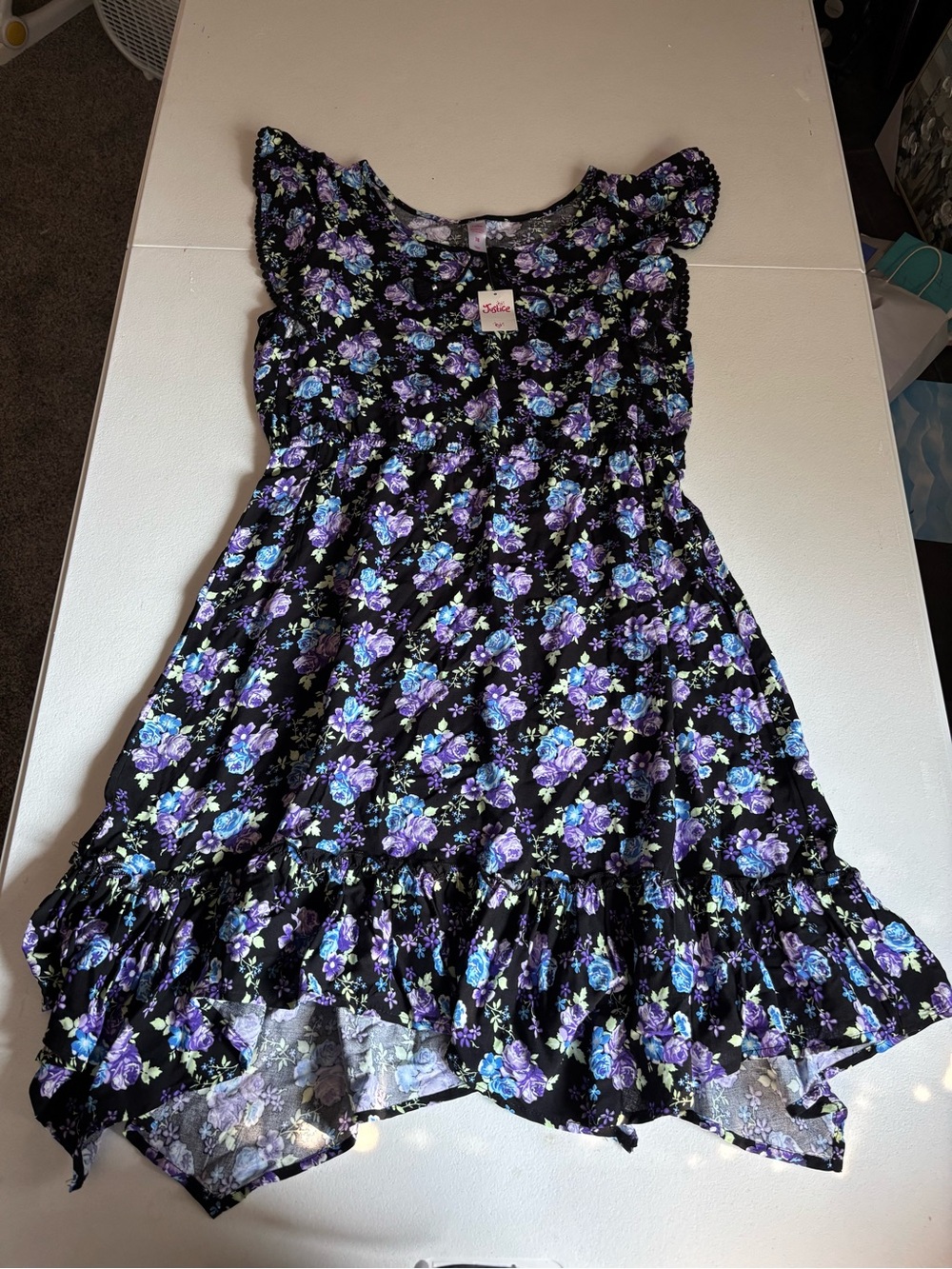 Justice Black Dress with Purple & Blue Floral Print